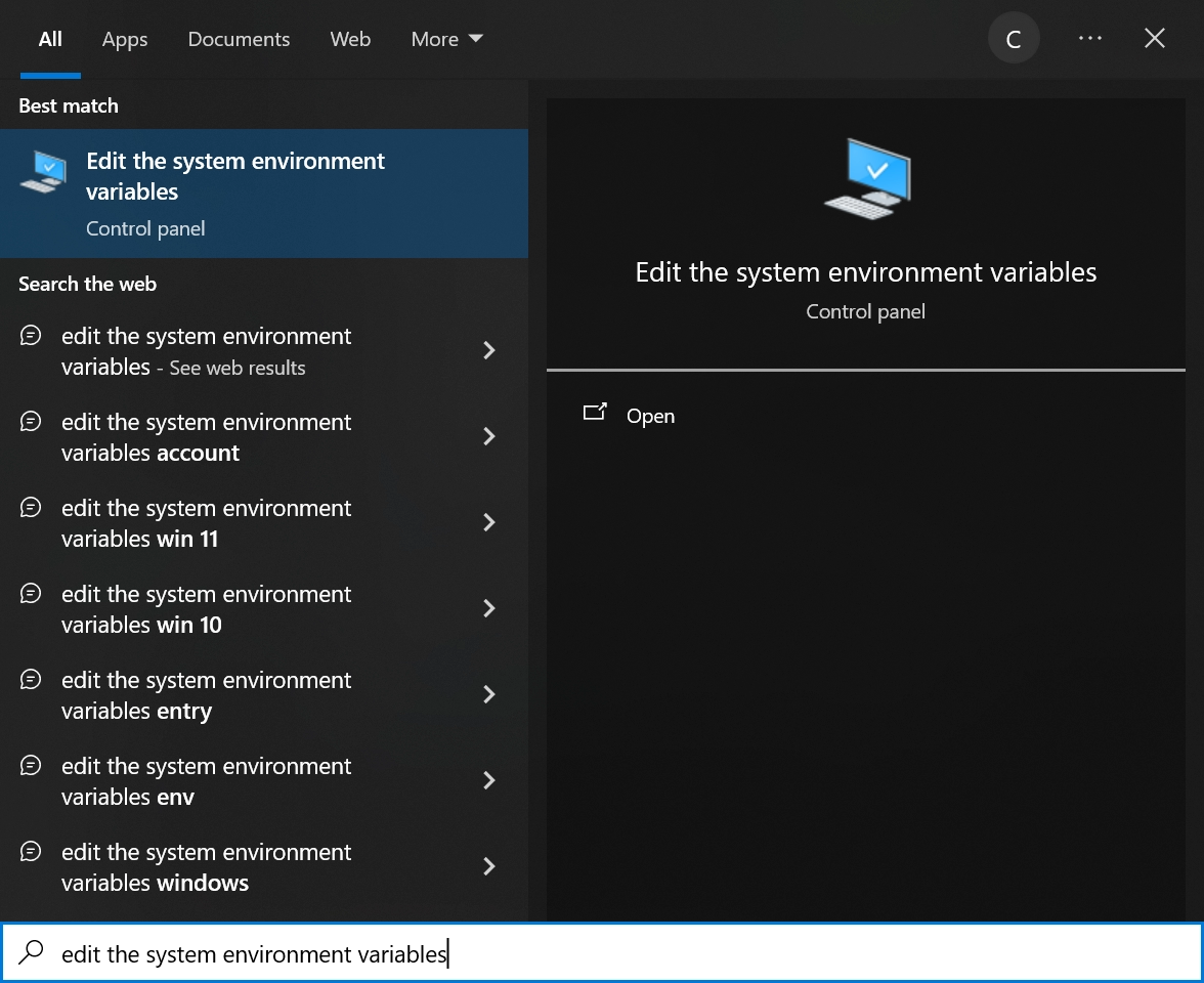 Search for edit the system environment with the Windows search function.